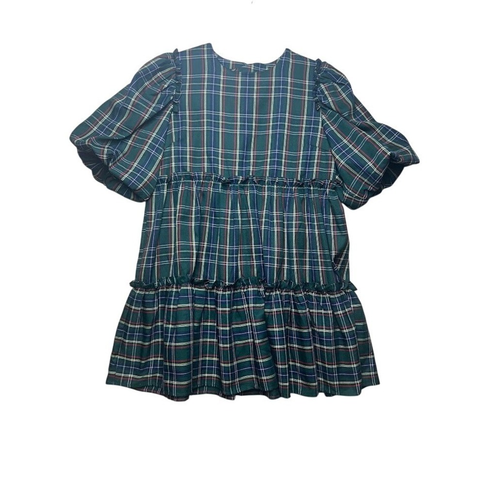 Aura Green Plaid‎ Babydoll Mini Dress Puff Sleeve Tiered Ruffle Tartan Large
